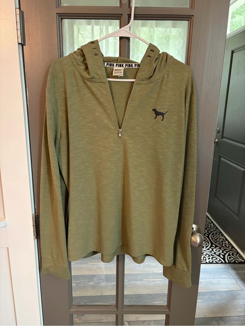 PINK Victoria's Secret Olive Green Quarter-Zip Hooded Pullover